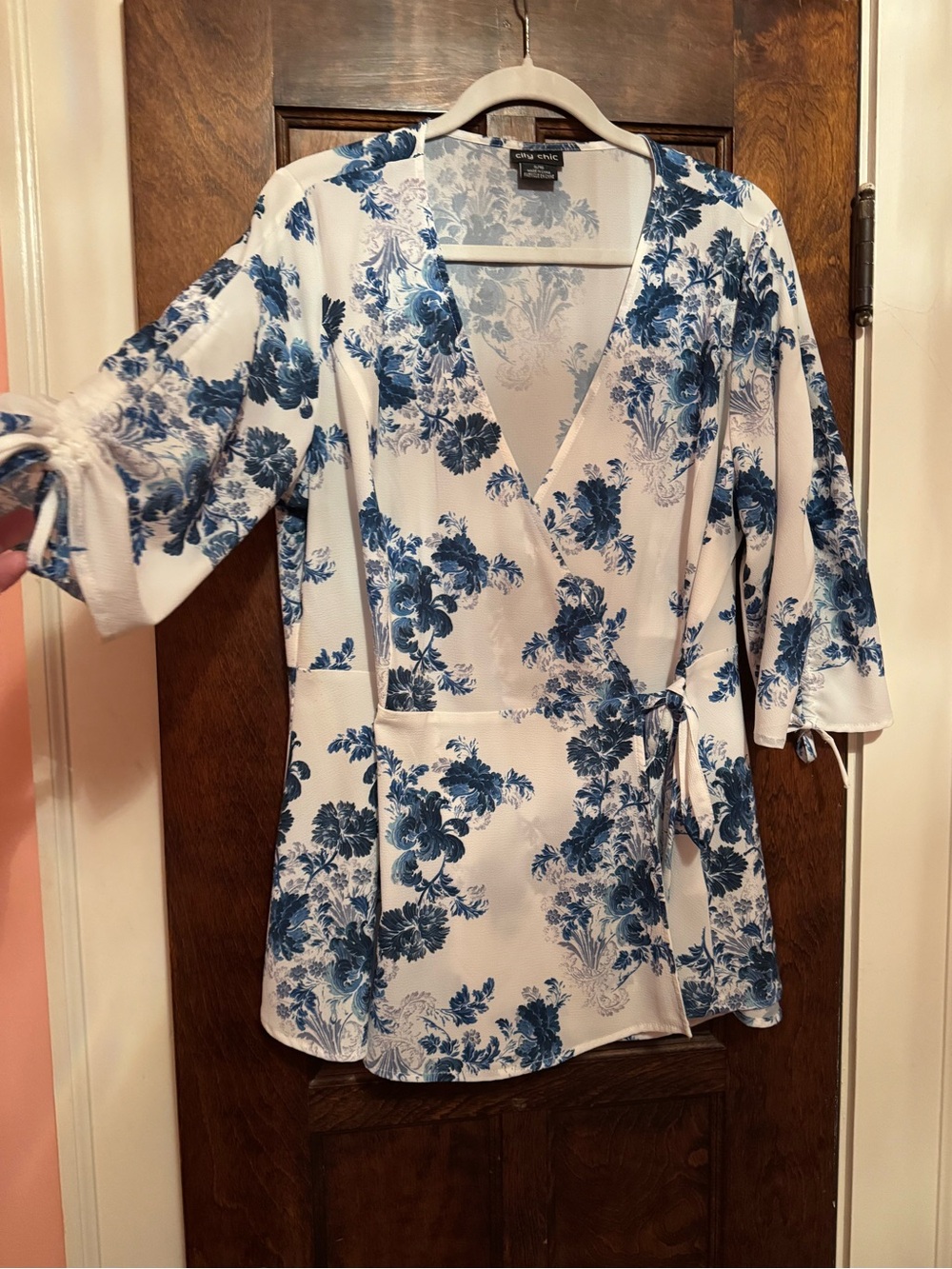 City Chic Blue Floral Wrap Top - White & Blue - Picture 2 of 5